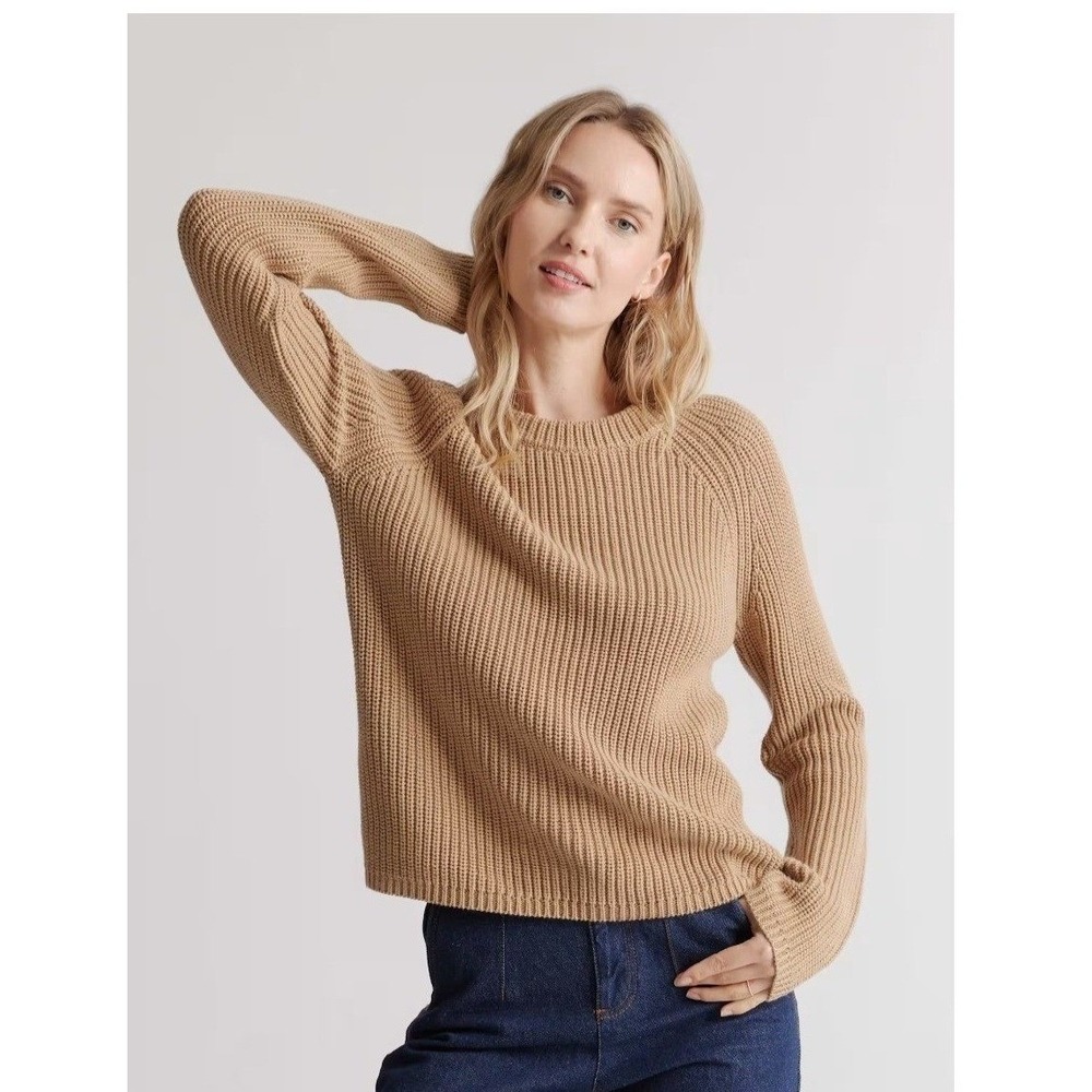 Quince Fisherman Crew Sweater XL Camel Organic Cotton Shaker Stitch Raglan EUC